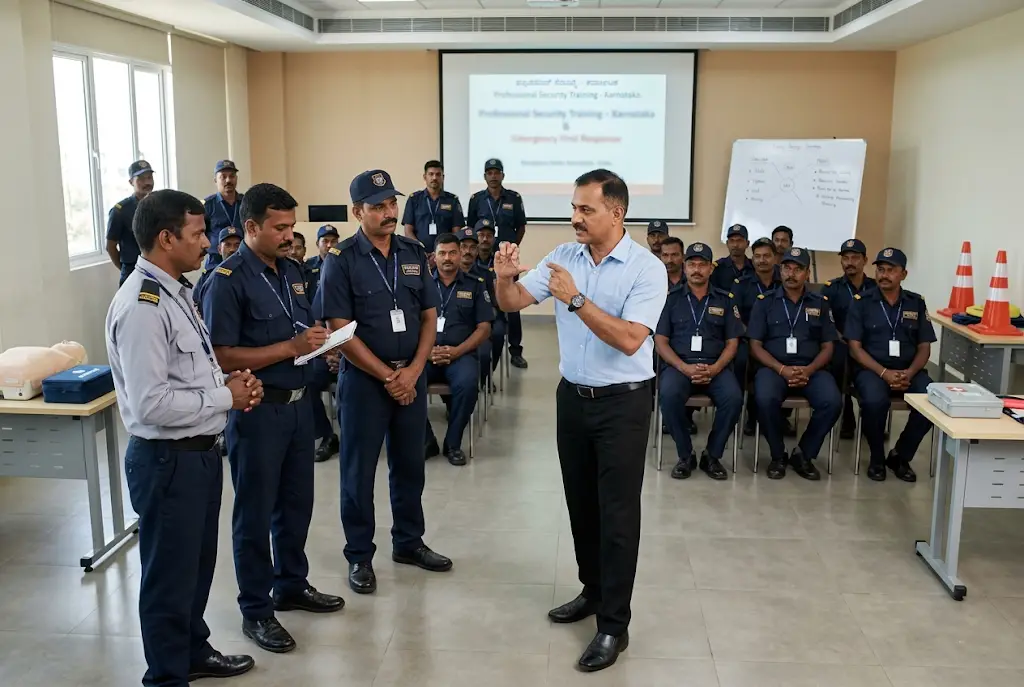 Indian security guards attending PSARA training in Karnataka