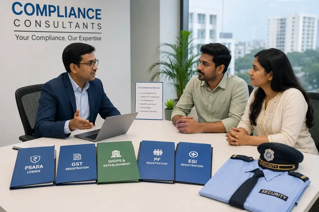 Security agency business licenses including PSARA, GST, PF and ESI