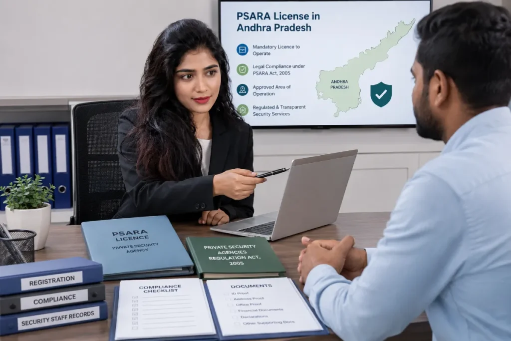 Consultant explaining PSARA License in Andhra Pradesh to business owner