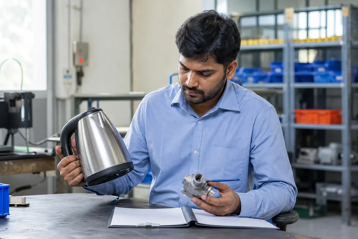 Product compliance engineer reviewing an electric kettle and metal valve