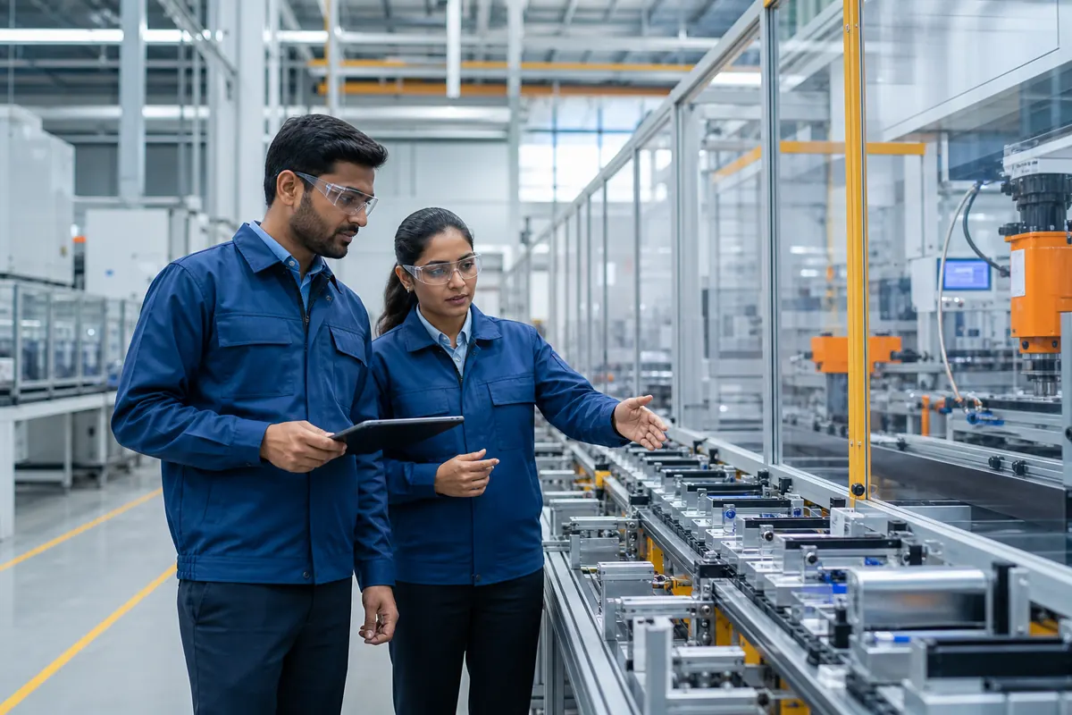 Quality professionals reviewing a manufacturing production line
