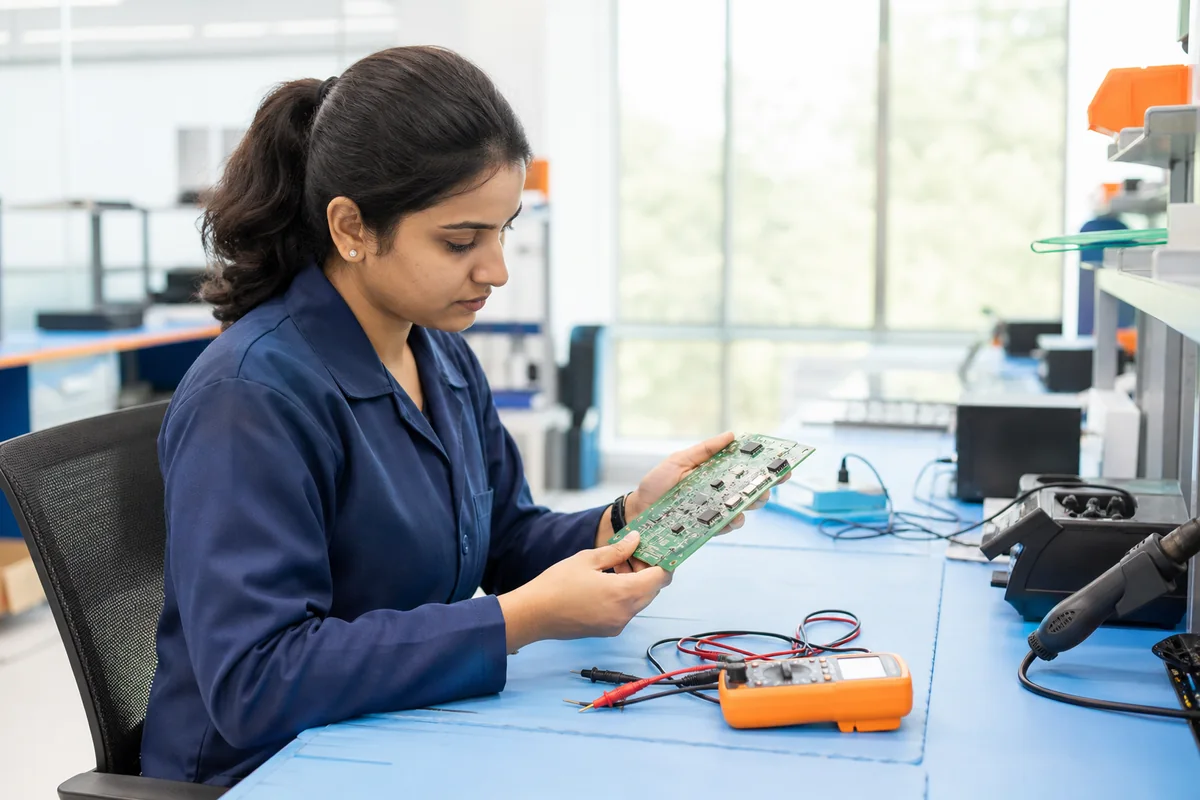Electronics technician examining a circuit board in a testing laboratory