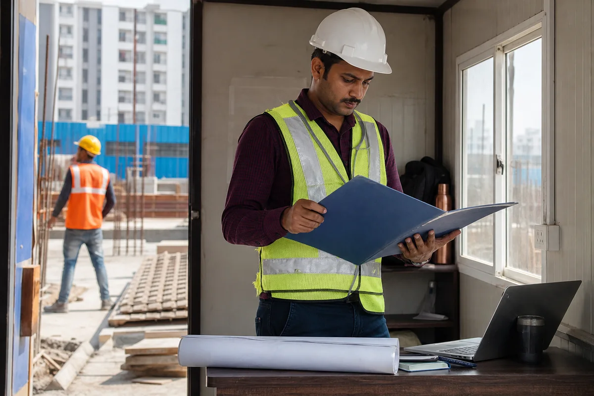Construction supervisor reviewing a project folder at a site office