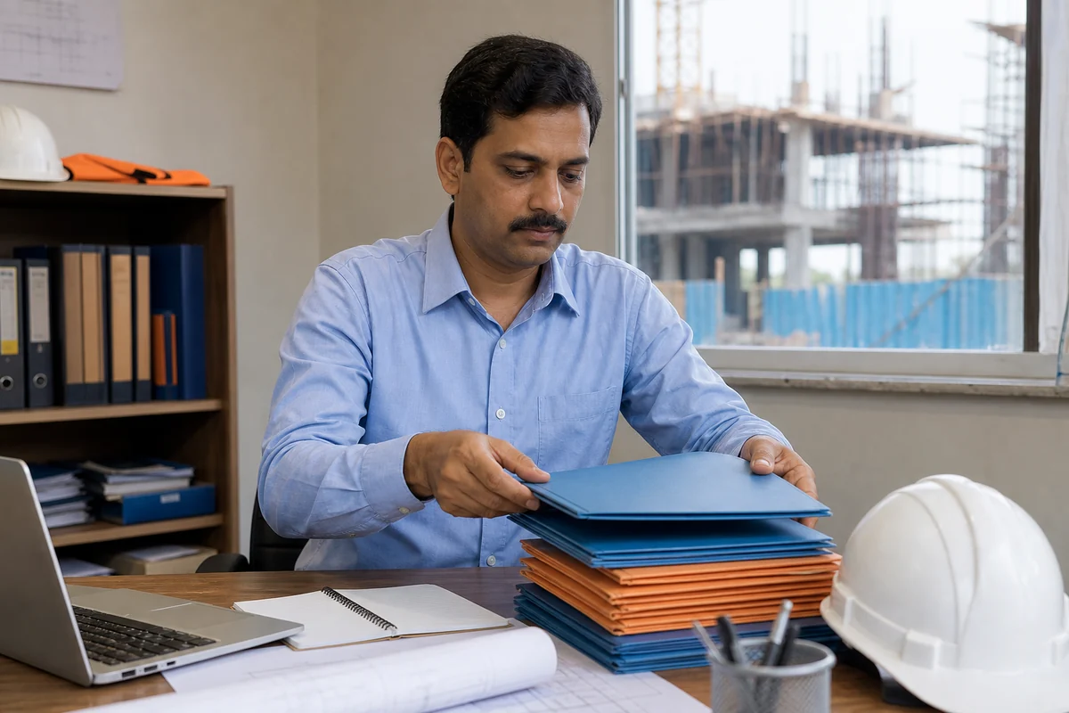 Construction administrator organising project and workforce records