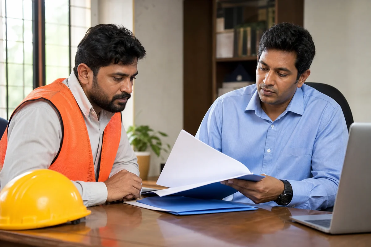 Construction worker reviewing documents with an adviser