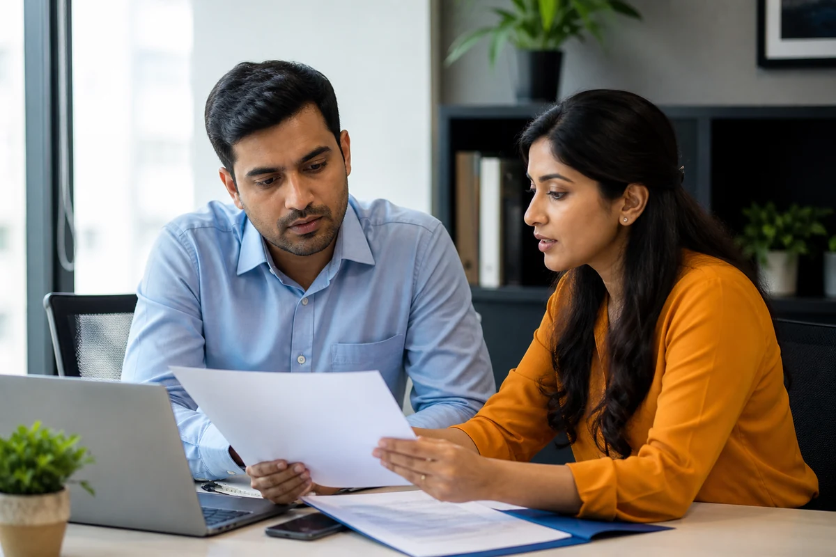 HR professional and employee reviewing workplace benefit documents