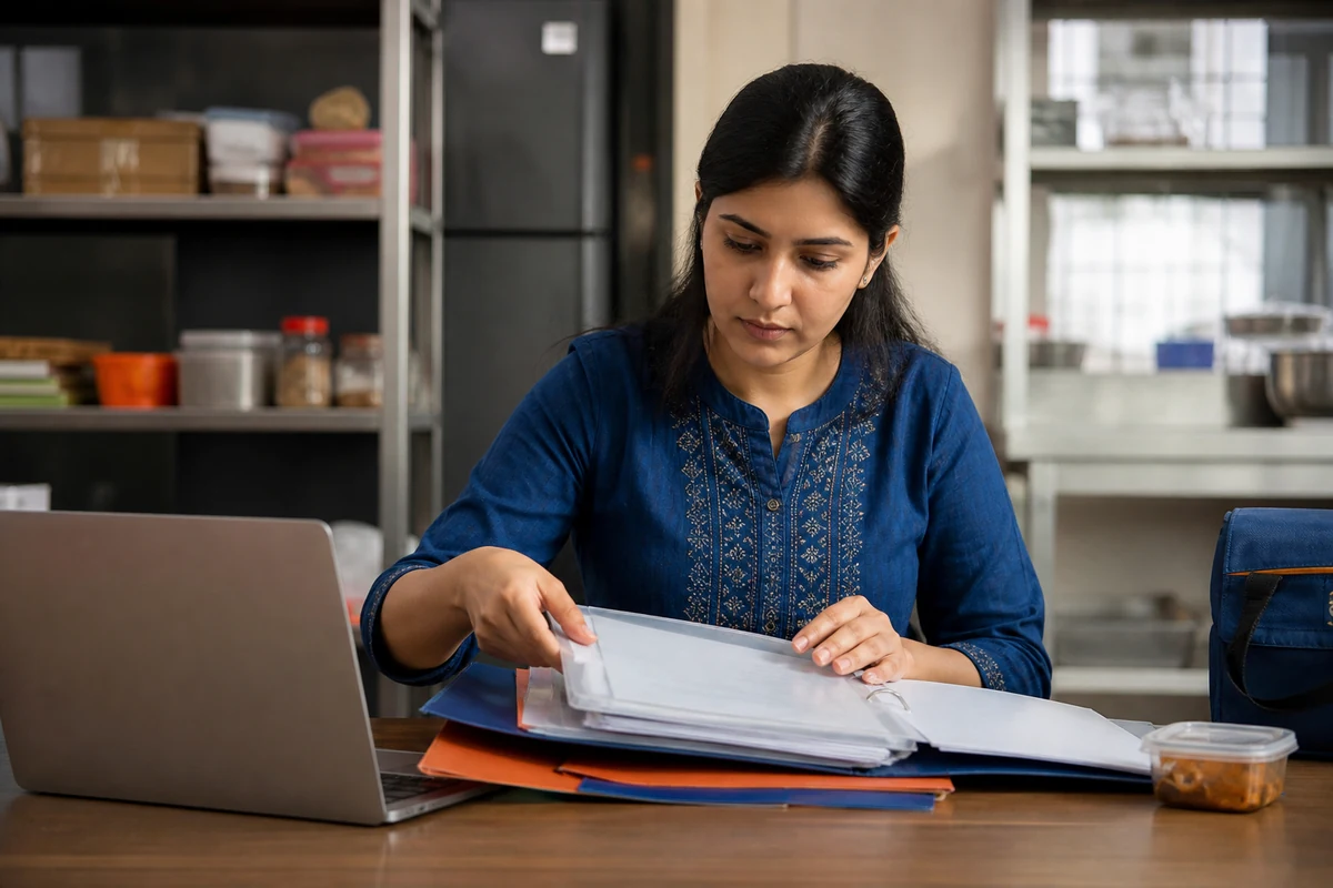 Food entrepreneur preparing documents for a business-detail update