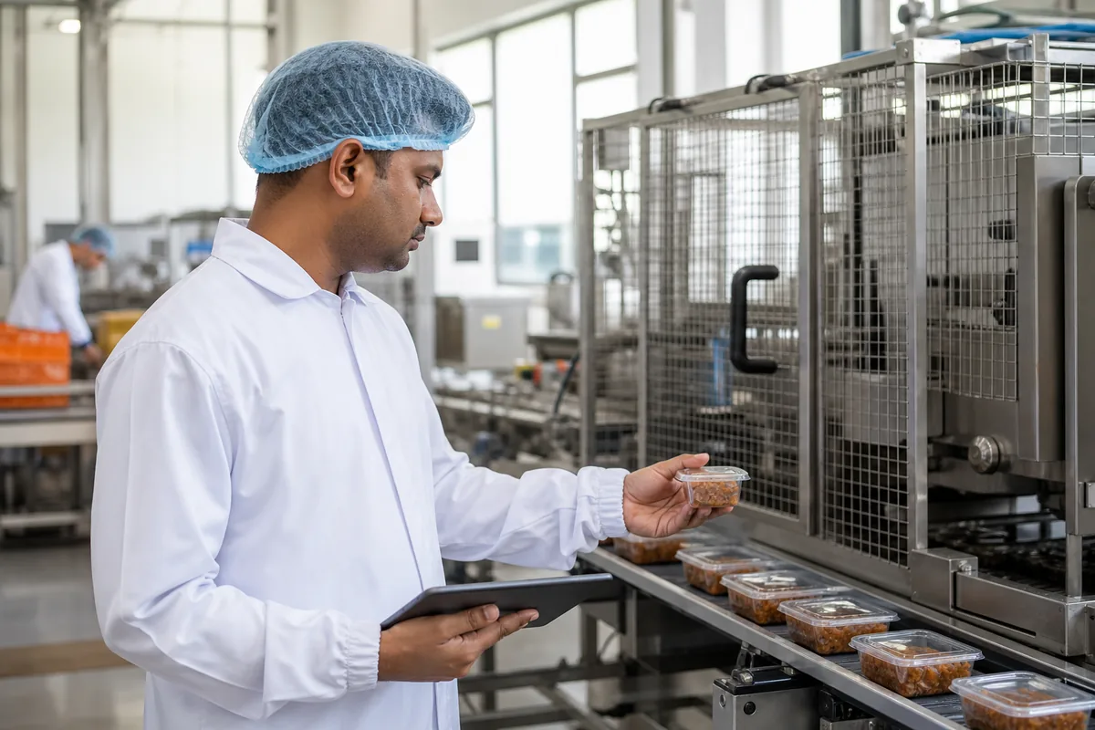 Food quality supervisor reviewing a packaging production line