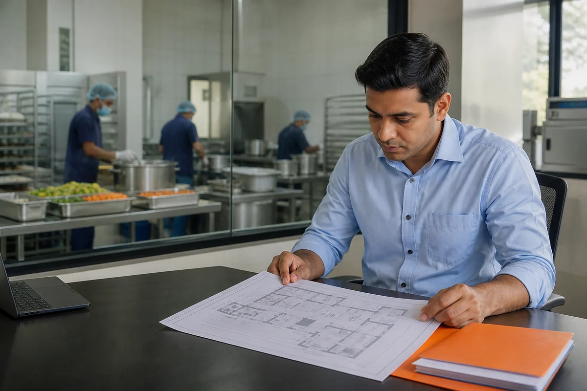 Food business owner reviewing premises and business records
