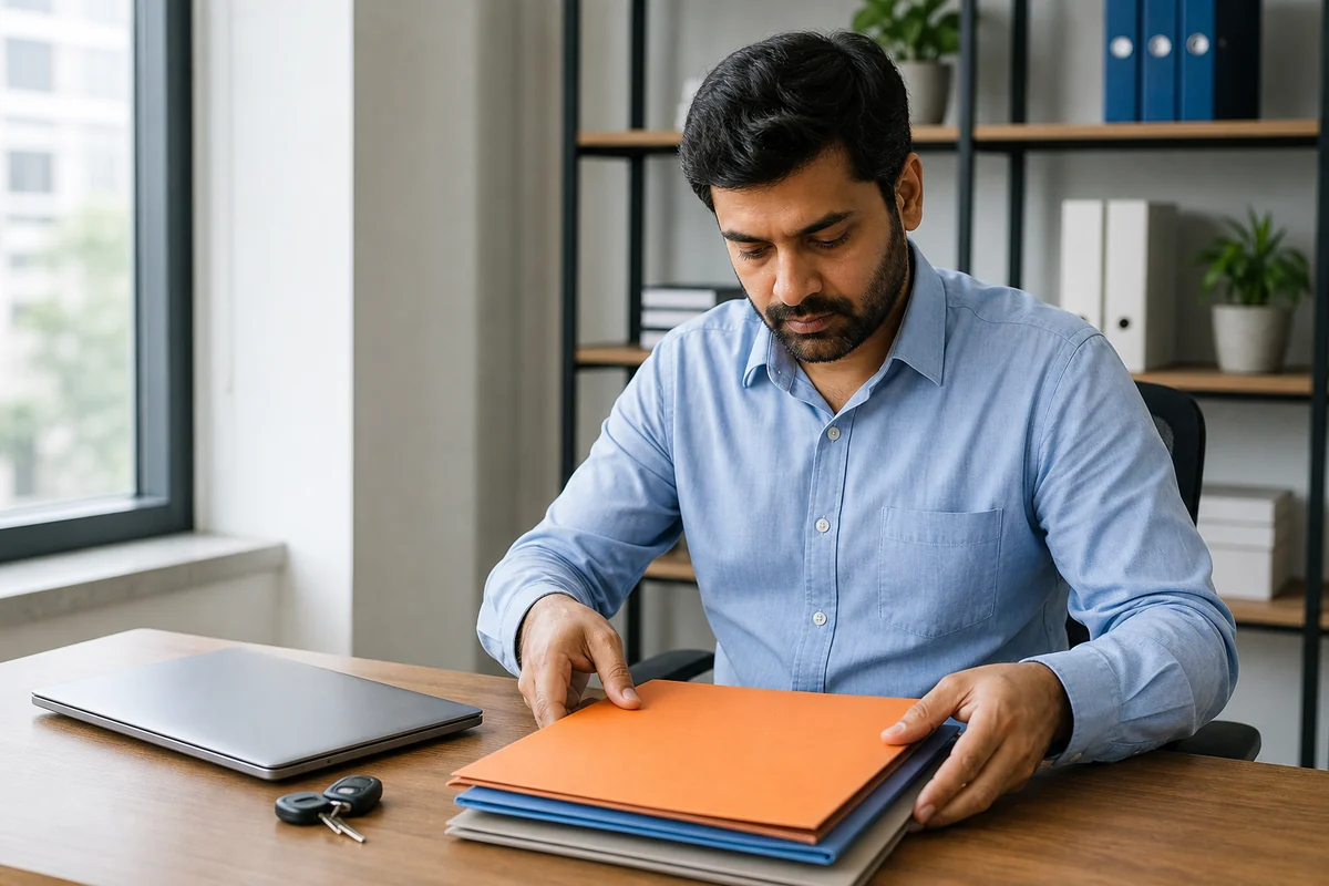 Entrepreneur organising registration documents at an office desk