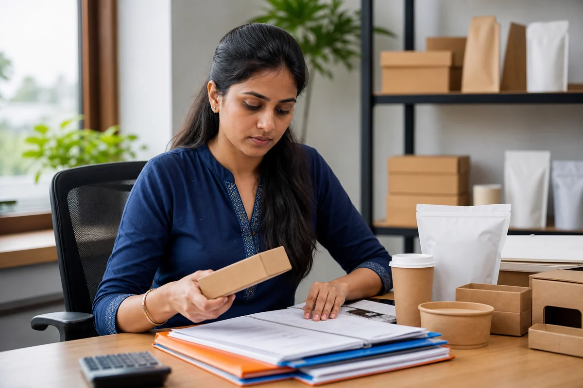 Small business owner reviewing business records and product samples
