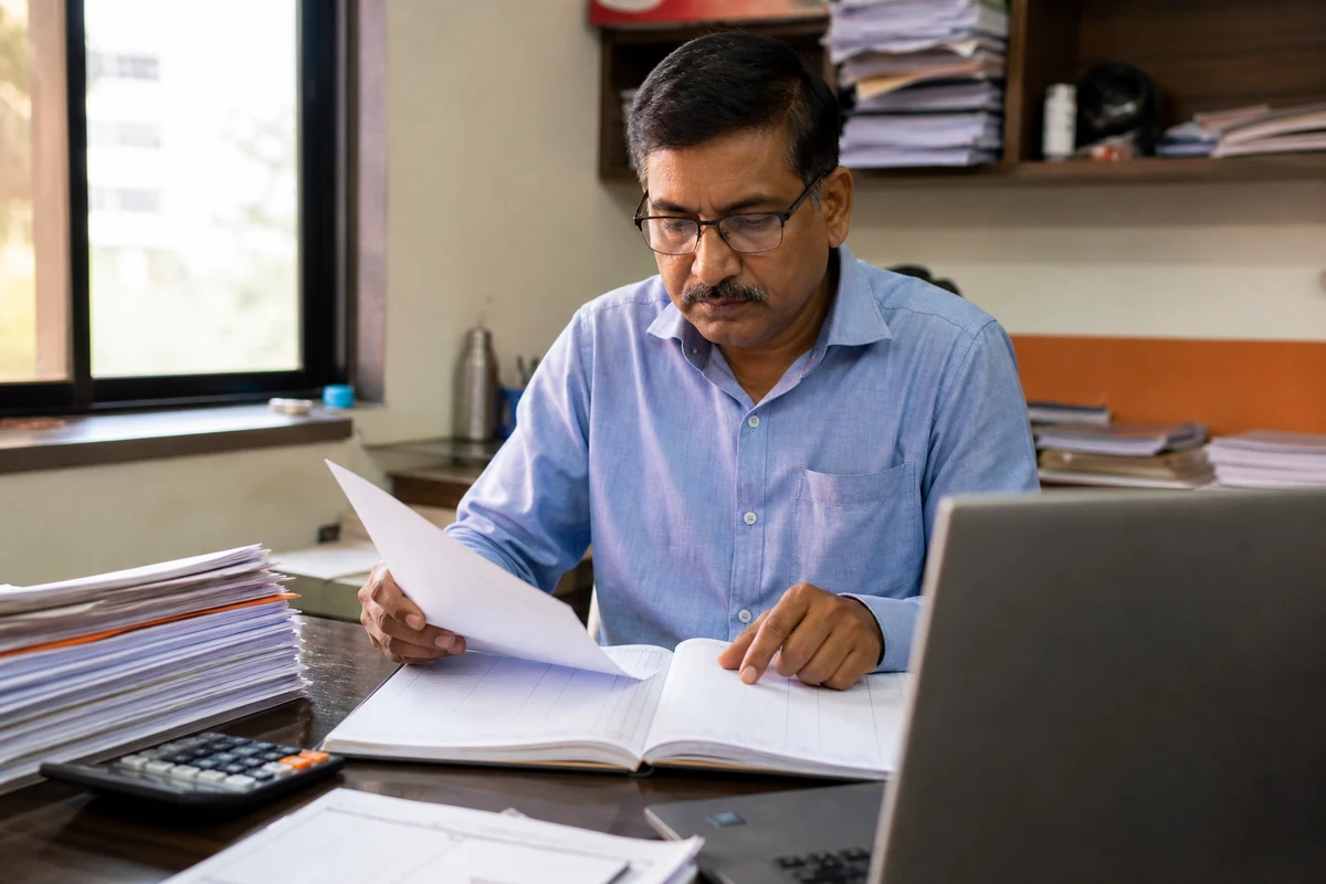 Bookkeeper reconciling invoice records for return preparation