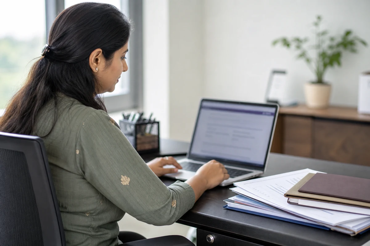 Business owner reviewing application information on a laptop beside bank and business records