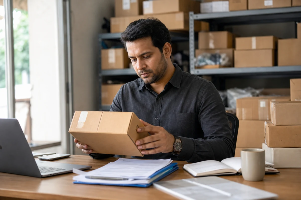 Importer checking sample packaging and shipping documents in a small warehouse office
