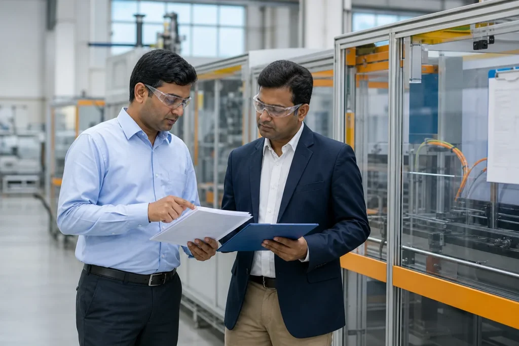 Quality manager and auditor reviewing factory process records