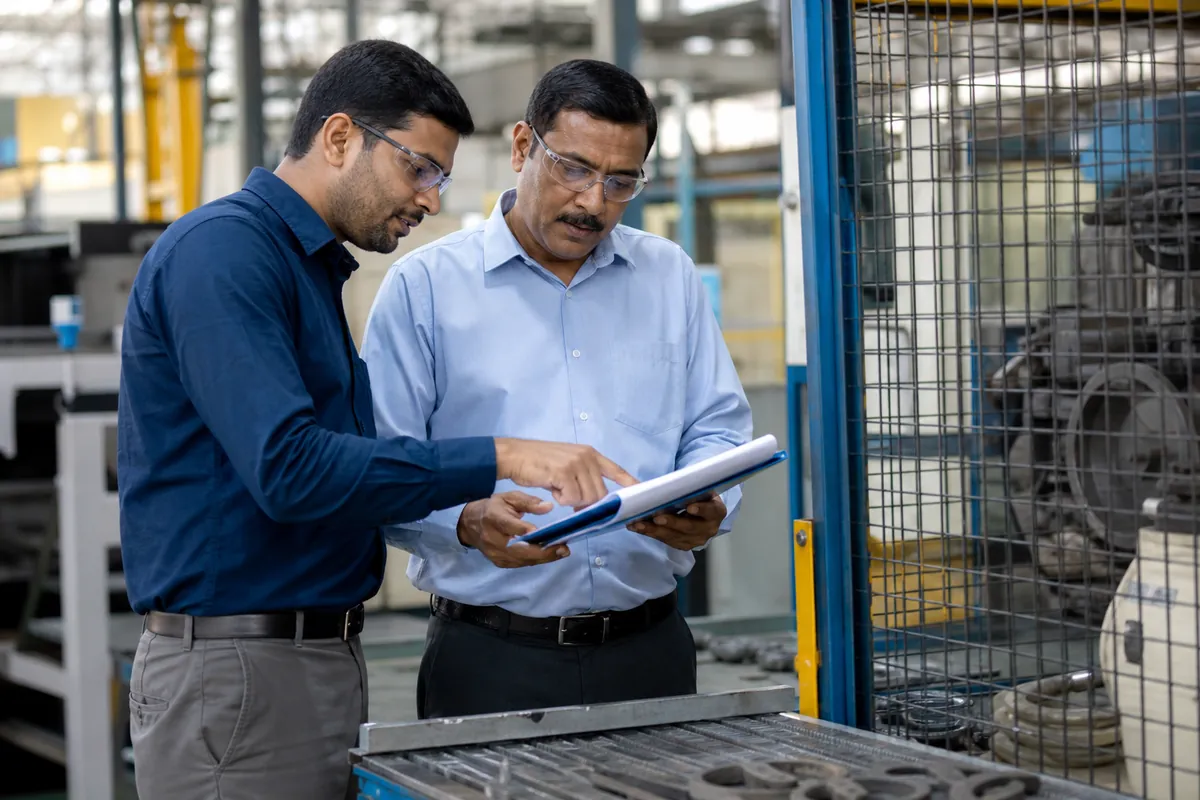 Quality manager and auditor reviewing manufacturing process records