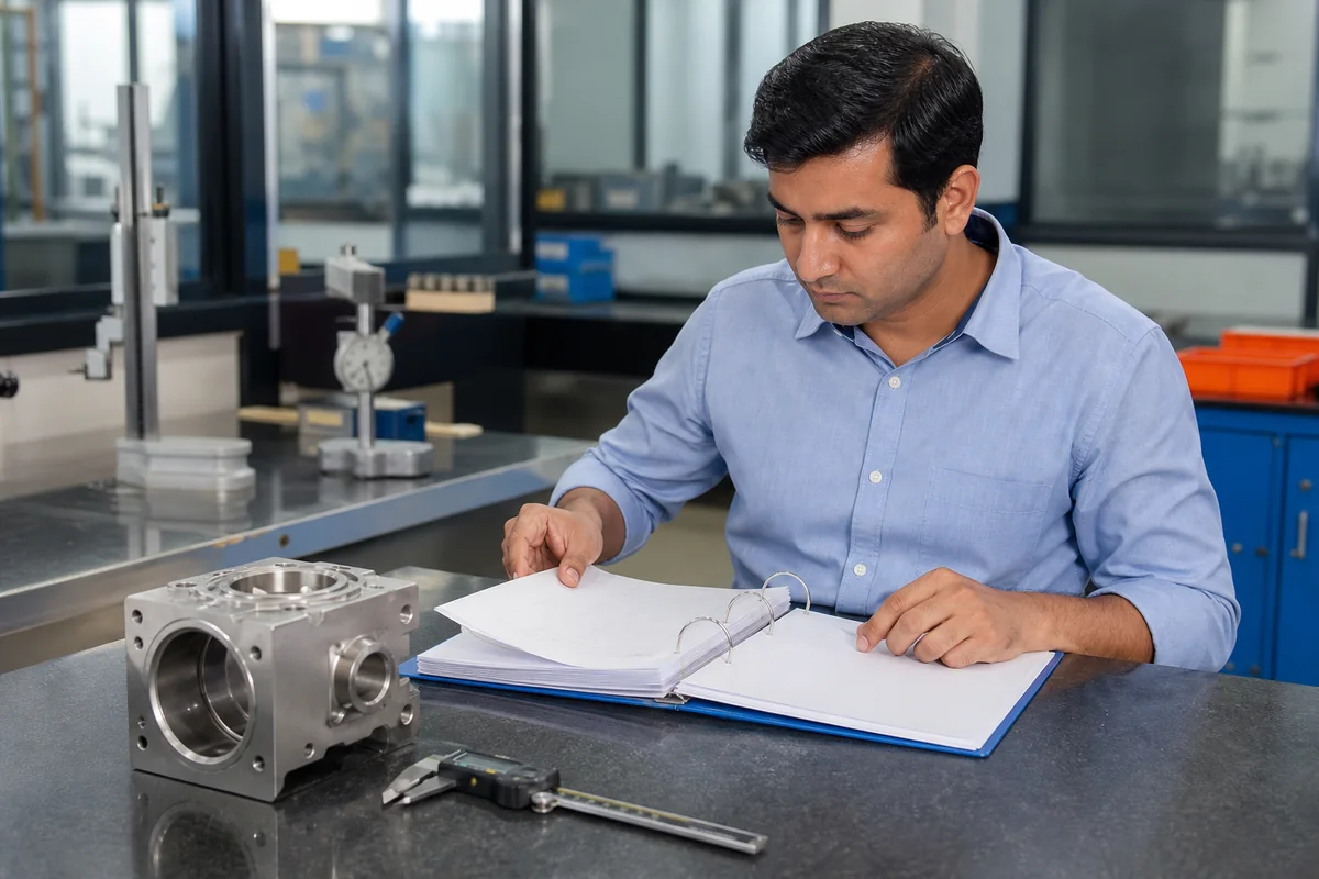 Quality professional reviewing records beside a precision component