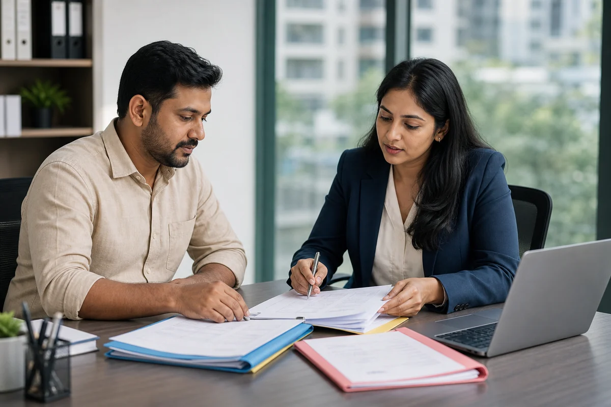 Small-business owner and adviser organising tax, labour and premises records