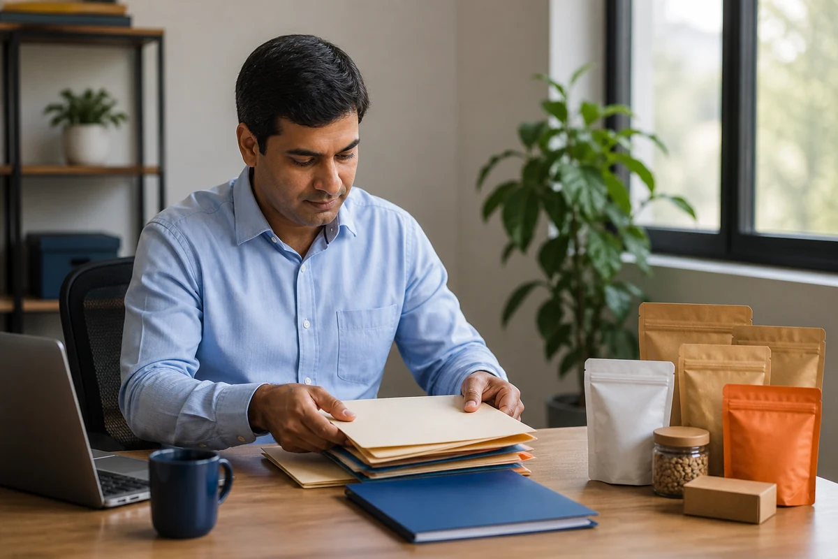 Business owner organising importer documentation beside packaged products