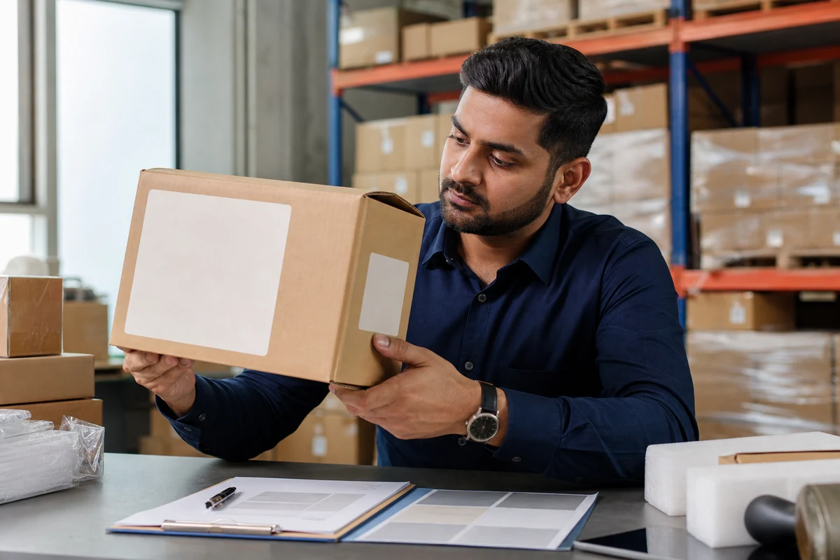 Packaging specialist examining label placement on a consumer-goods carton