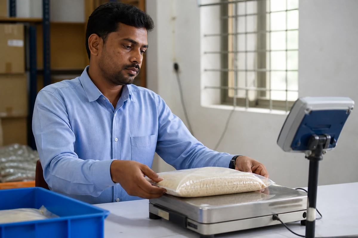 Technician checking the weight of a sealed packaged product