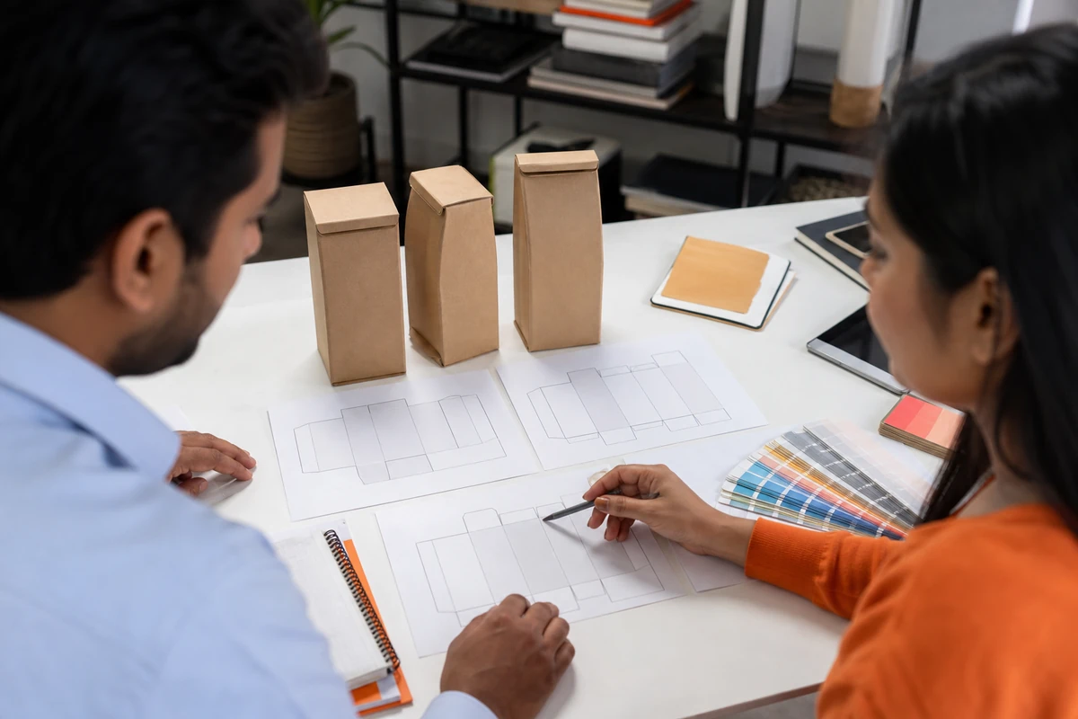 Importer and designer reviewing package-label layouts