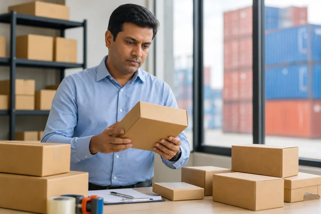 Importer inspecting packaged goods at a warehouse desk
