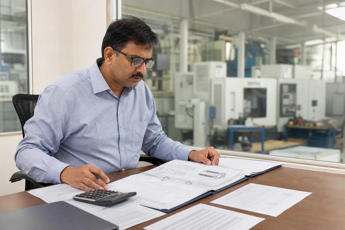 Entrepreneur reviewing business accounts and equipment information at a workshop desk