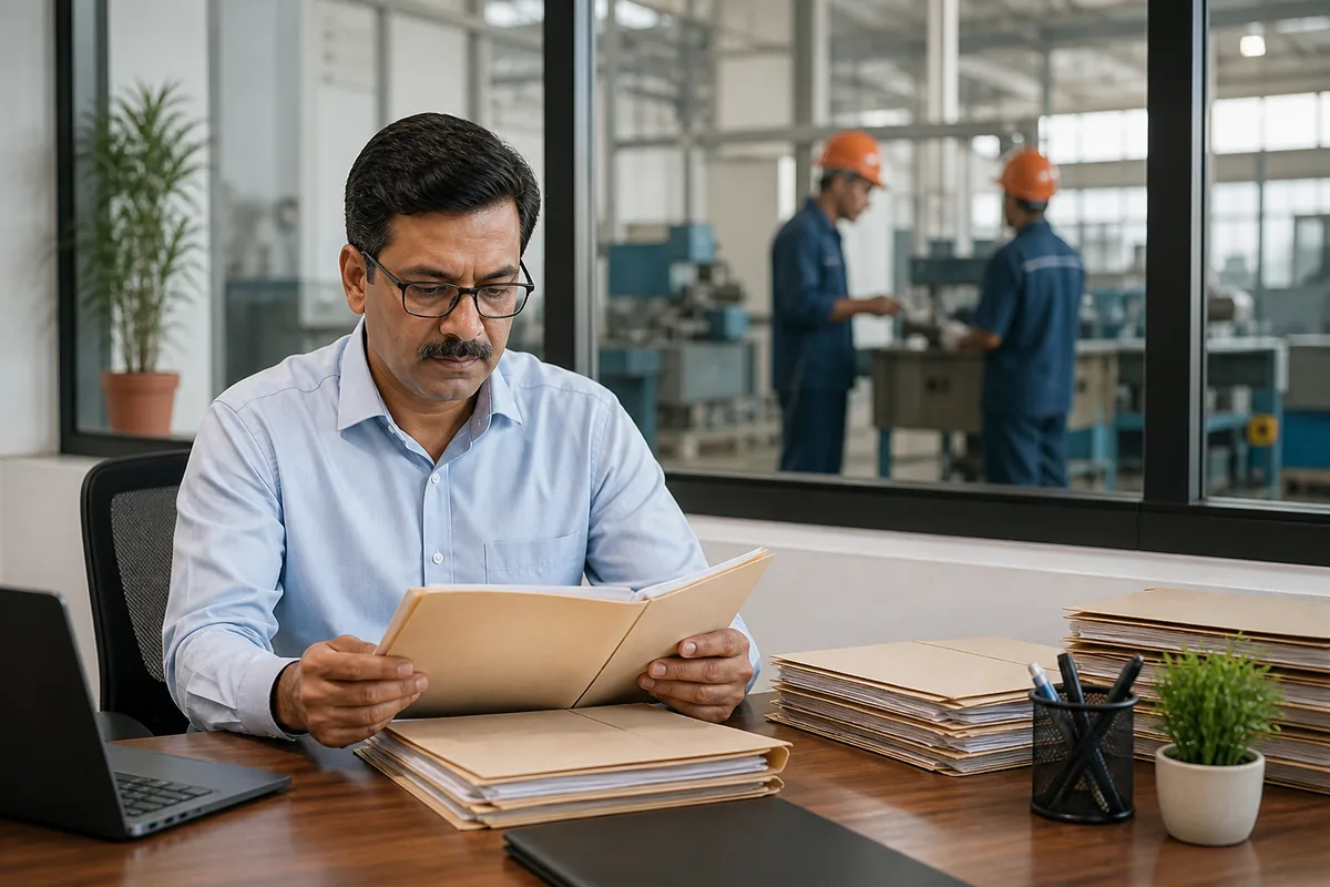 Payroll manager reviewing employee records in a manufacturing office