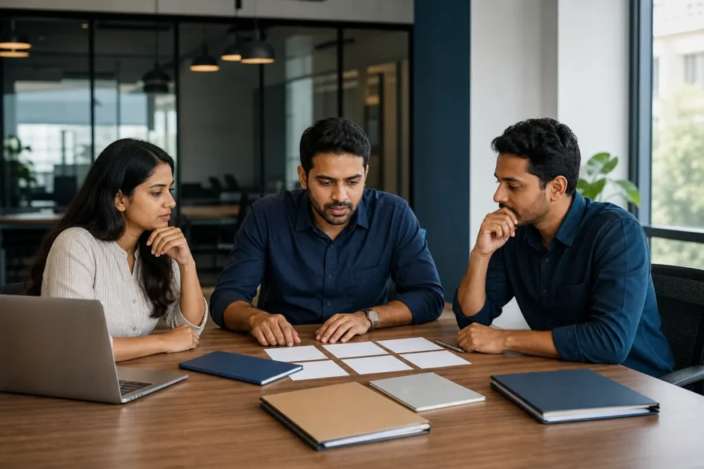 Indian founders comparing business structure options in a Bengaluru office