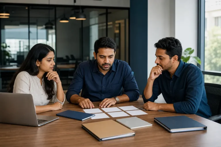 Indian founders comparing business structure options in a Bengaluru office