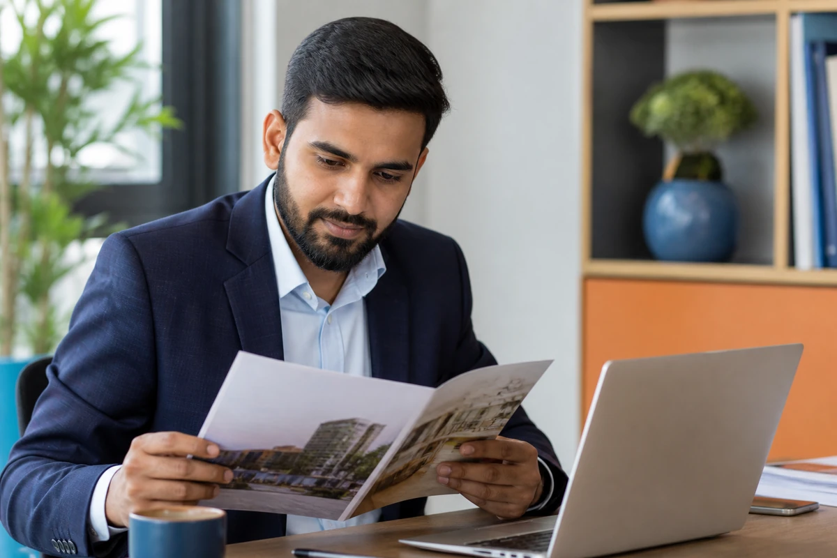 Real estate professional checking a property brochure before use