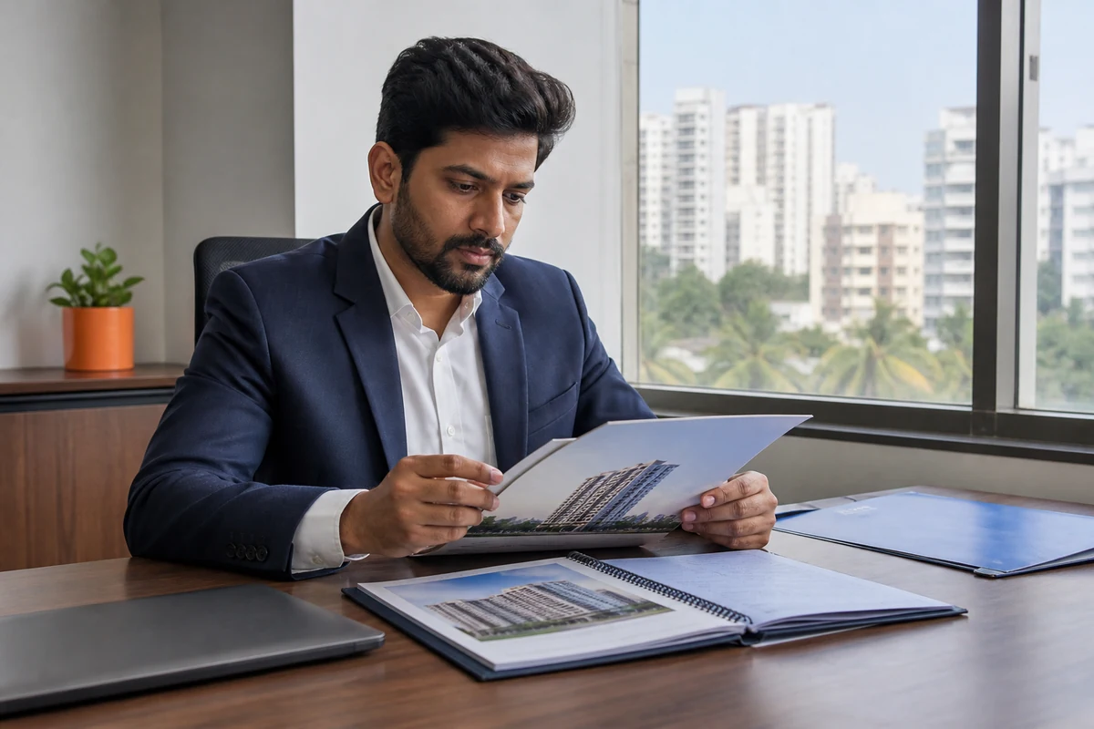 Real estate agent reviewing property information and registration records