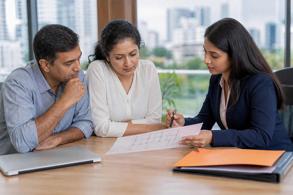 Real estate adviser explaining a floor plan with supporting records
