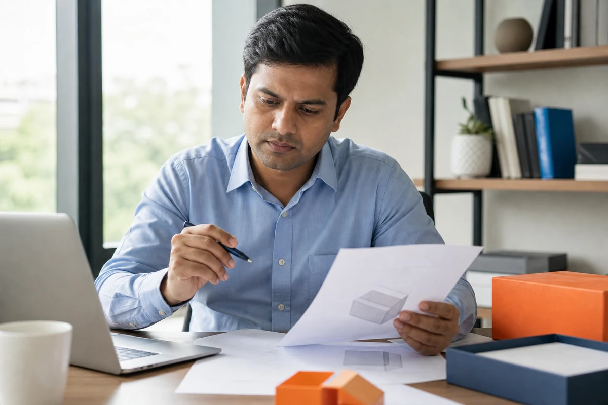 Professional reviewing application papers and a product mockup