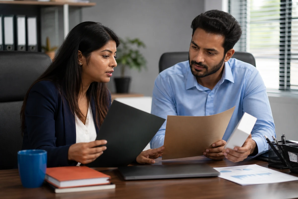 Business founder and adviser reviewing trademark-related records
