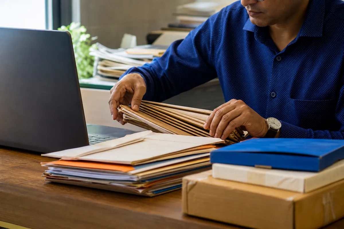 Organised business records and packaging samples for evidence review