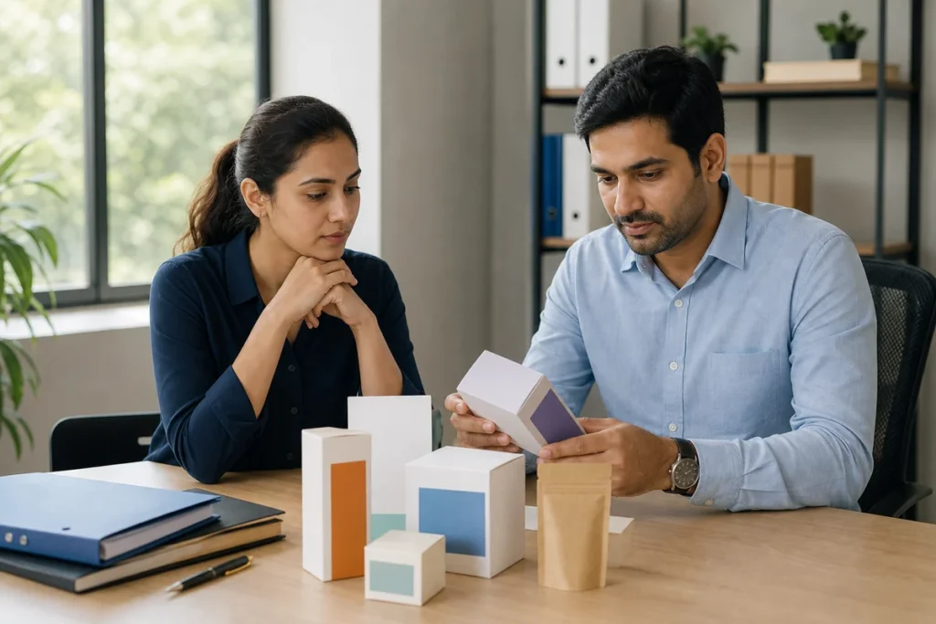 Business founder and adviser reviewing unbranded packaging