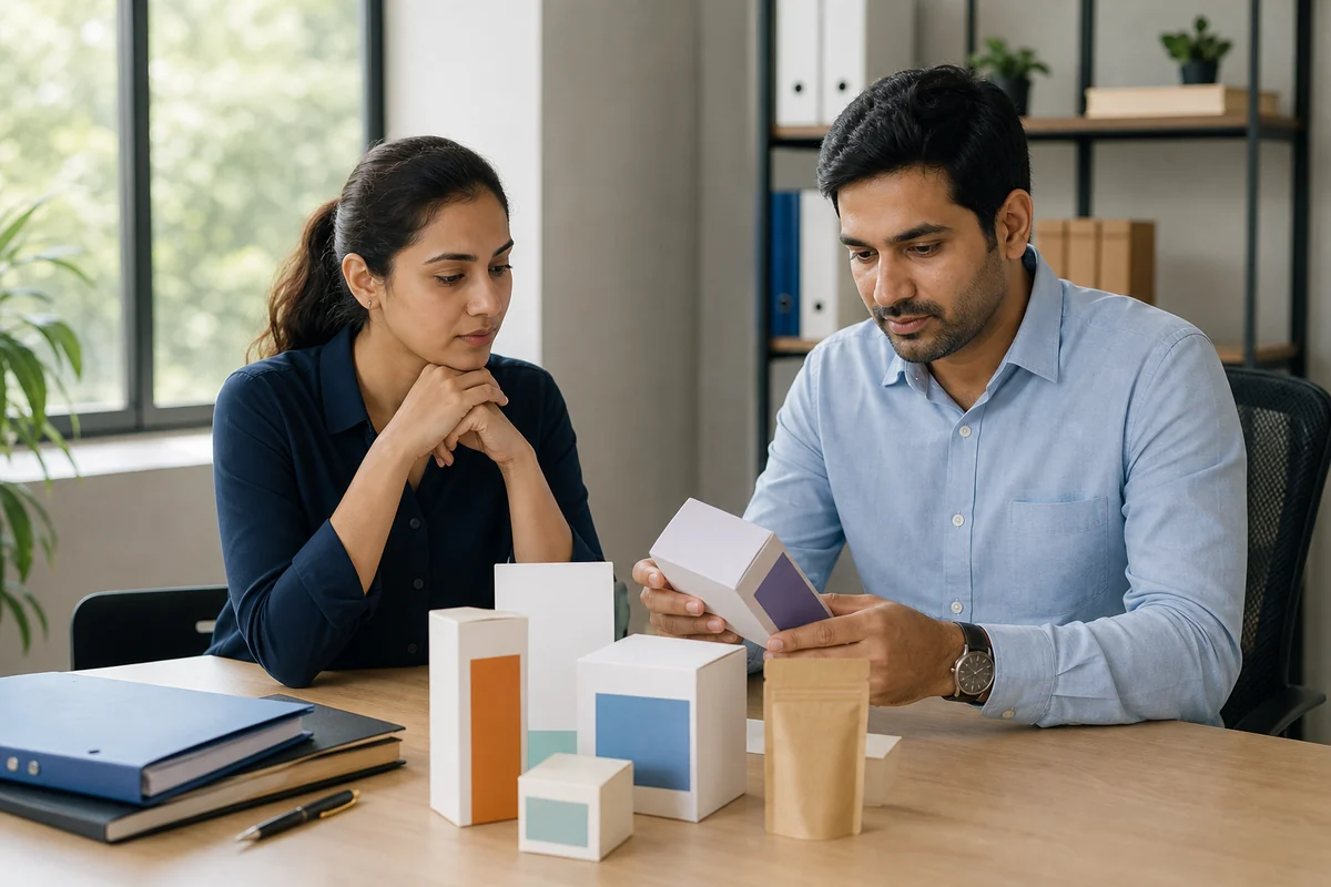 Business founder and adviser reviewing unbranded packaging