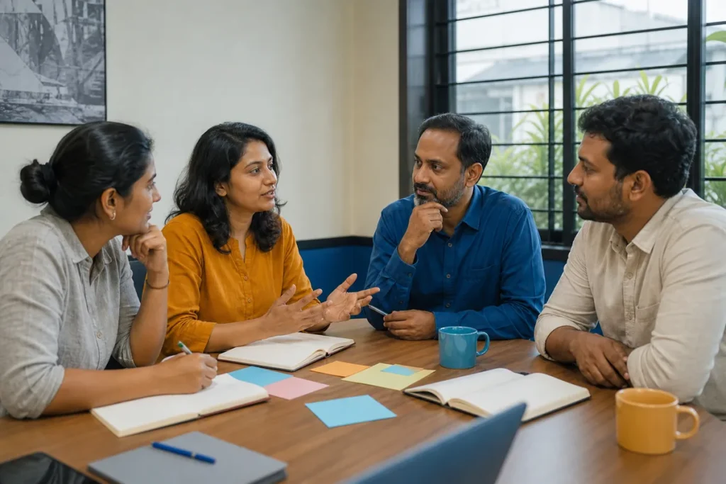 Nonprofit founders discussing an education project