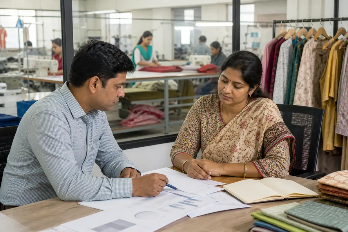 Indian small-business owner discussing enterprise records with a business consultant